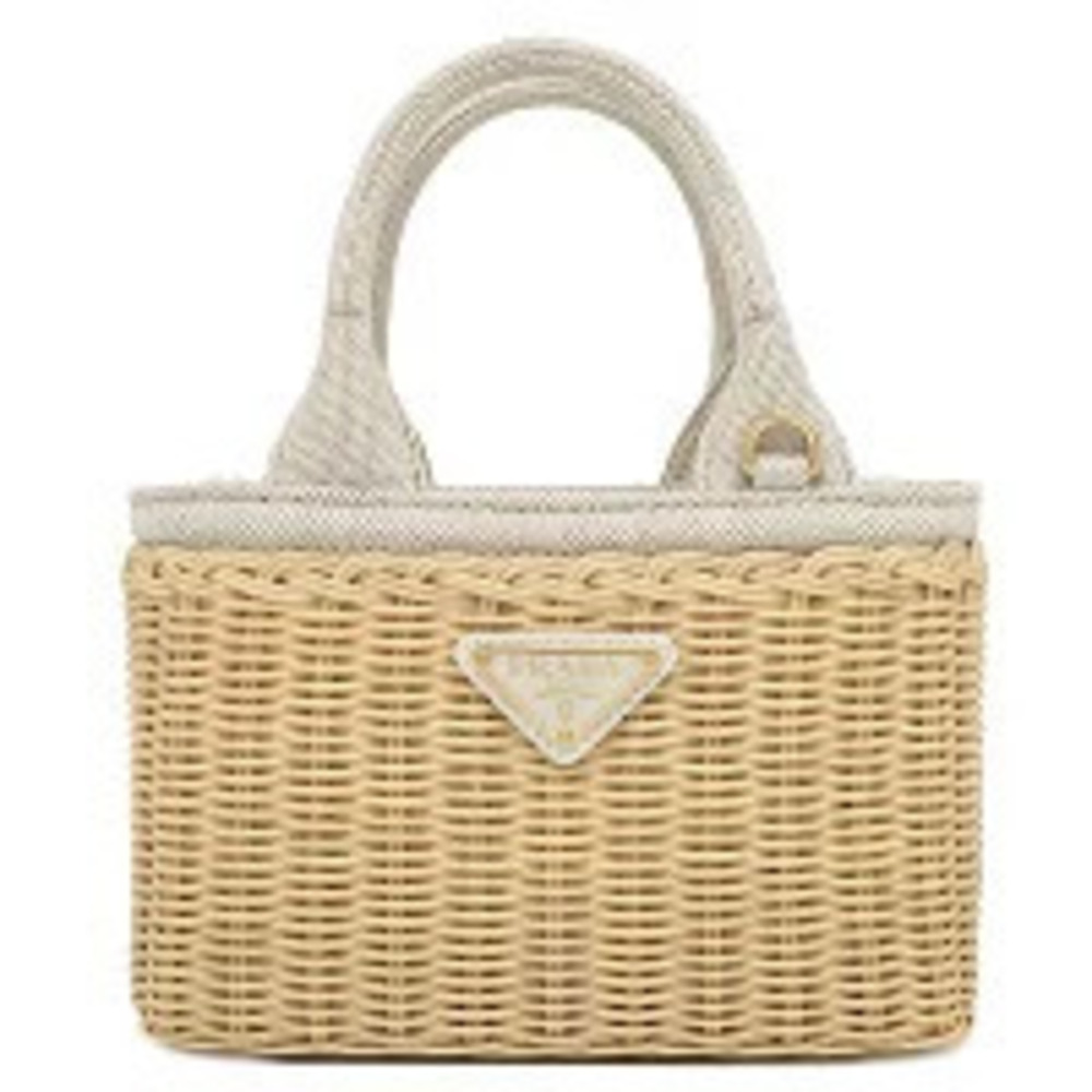 Prada Bag Wicker Handbag Rat tan Beige White Basket Shoulder Triangle
